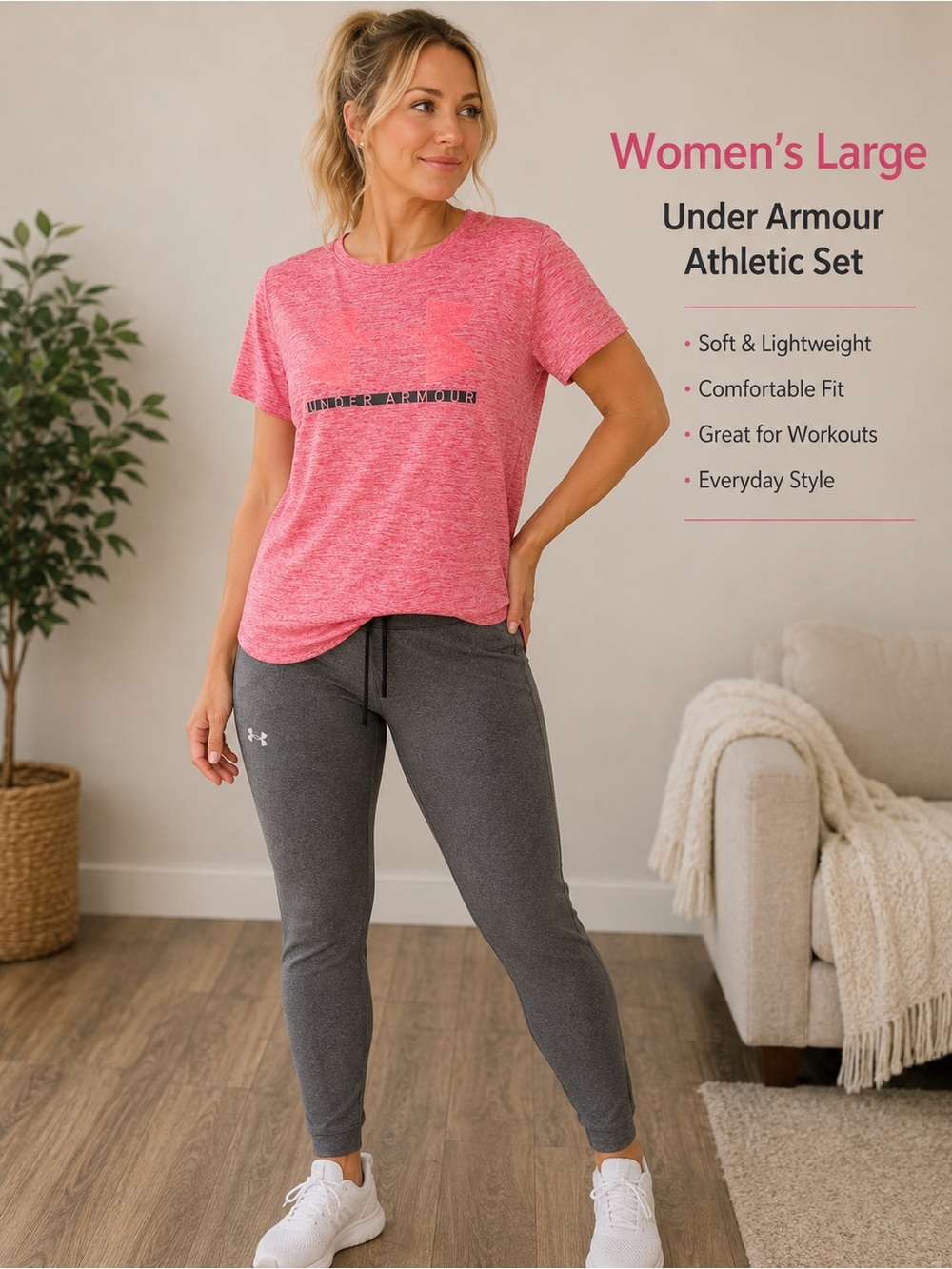 Under Armour Pink Heather Tee and Gray Joggers Athletic Set